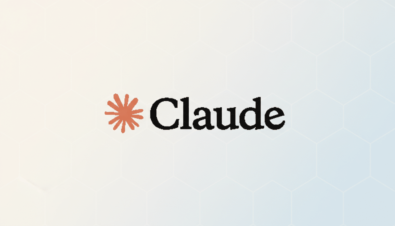The Claude logo, featuring a stylized orange asterisk to the left of the word Claude in black text, set against a professional flat design background with soft, light-colored hexagonal patterns and a subtle gradient.
