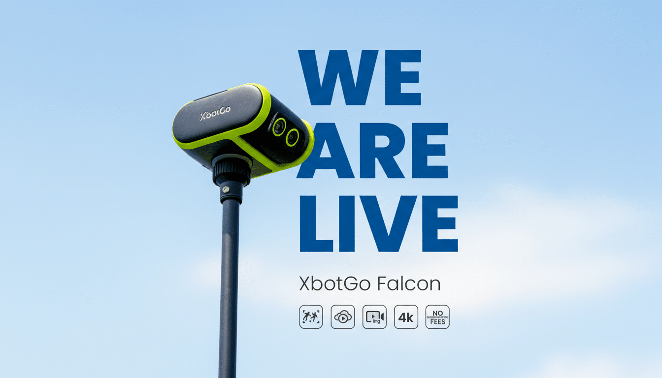 A 16:9 aspect ratio image of the XbotGo Falcon camera on a pole, with the text WE ARE LIVE and product features, set against a clear blue sky.