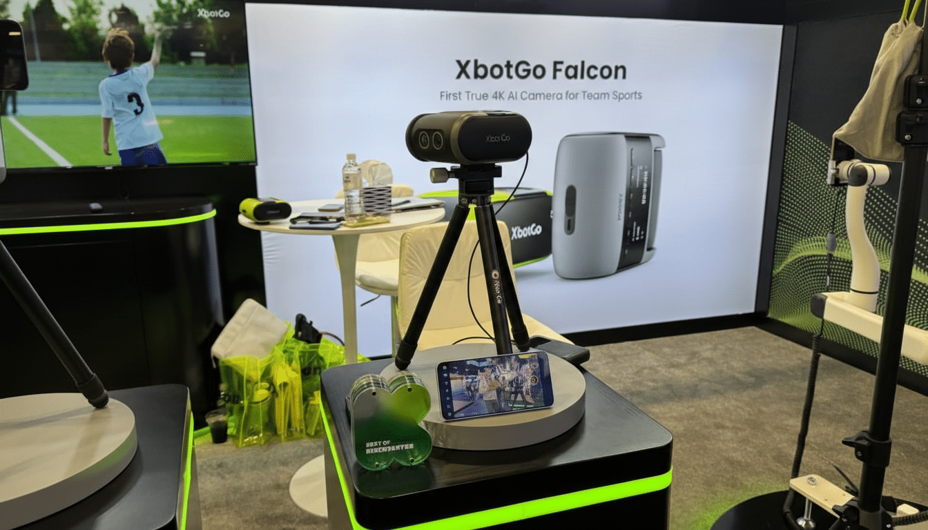 A professional display of the XbotGo Falcon 4K AI Camera for Team Sports, with a screen showing a child playing soccer in the background.