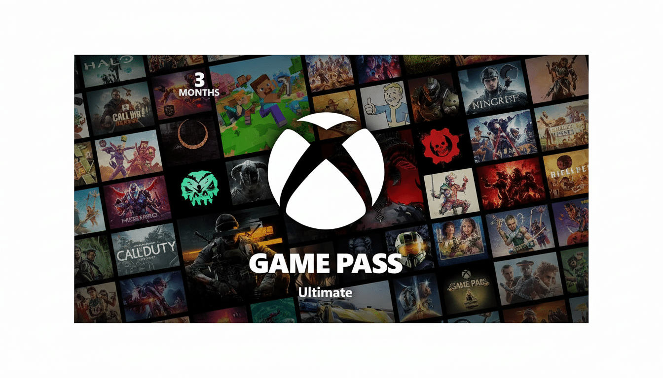 A 16:9 aspect ratio image of the Xbox Game Pass Ultimate logo, with 3 MONTHS in the top left corner, set against a collage of various video game titles.