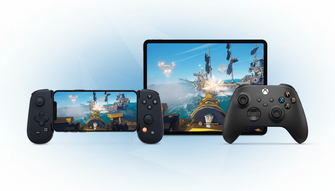 A smartphone with a gaming controller attachment, a tablet, and an Xbox controller, all displaying a pirate ship battle game, set against a professional flat design background with soft patterns.