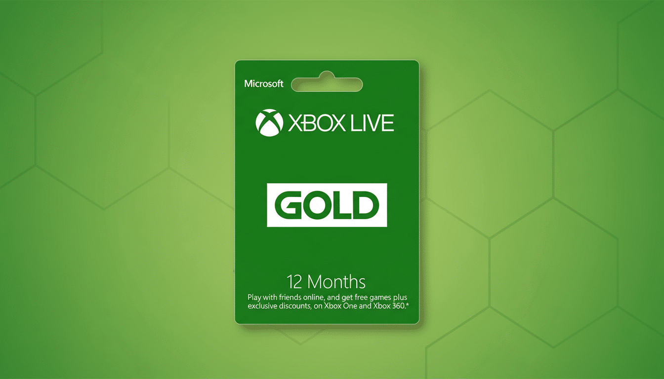 A Microsoft Xbox Live Gold 12 Months gift card with a green background and a subtle hexagonal pattern.