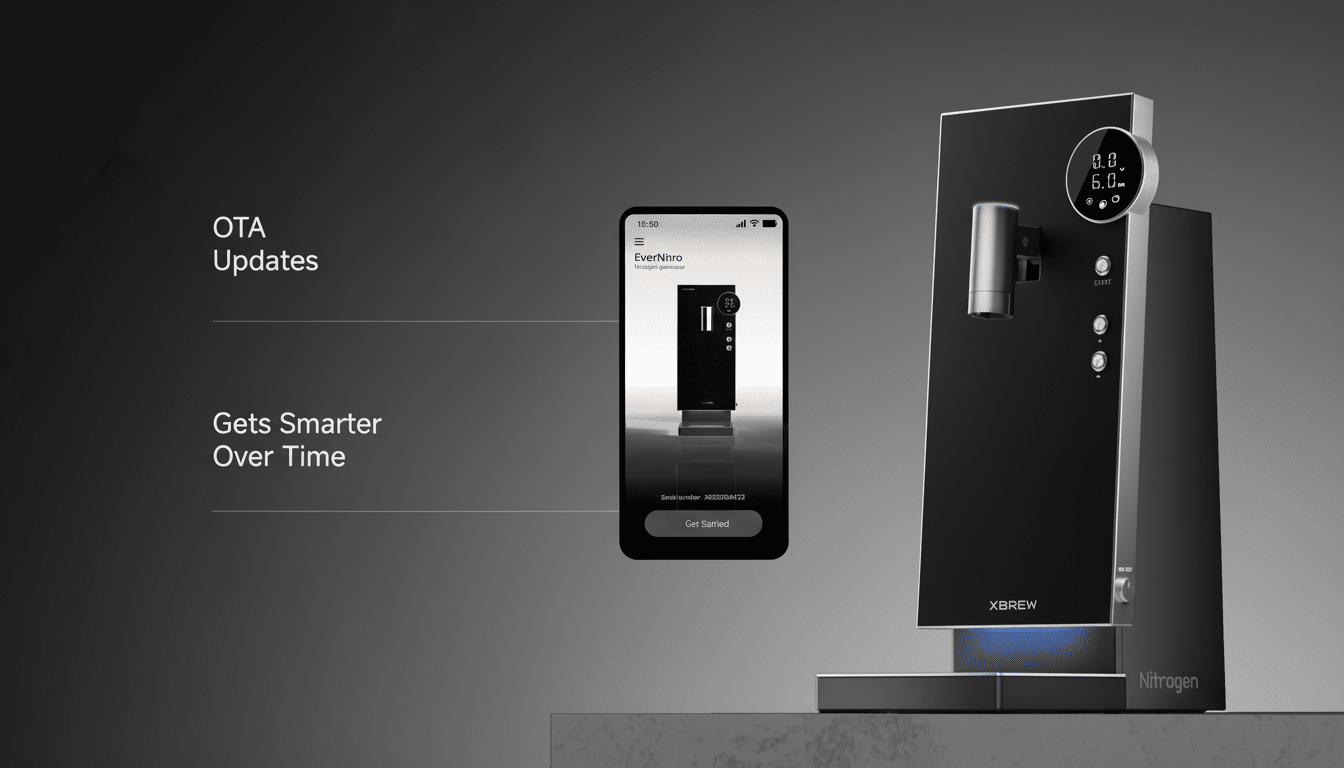 A black XBREW EverNitro cold brew coffee machine with a smartphone displaying its app, set against a dark gray background with text OTA Updates and Gets Smarter Over Time.