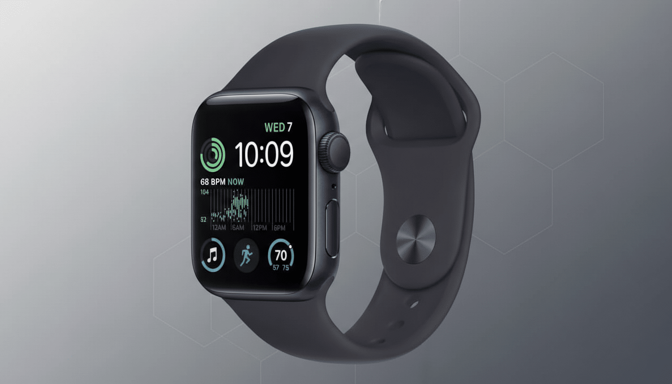A dark gray Apple Watch with a black band, displaying the time 10:09, heart rate, activity rings, and other app icons, set against a professional gray background with subtle geometric patterns.