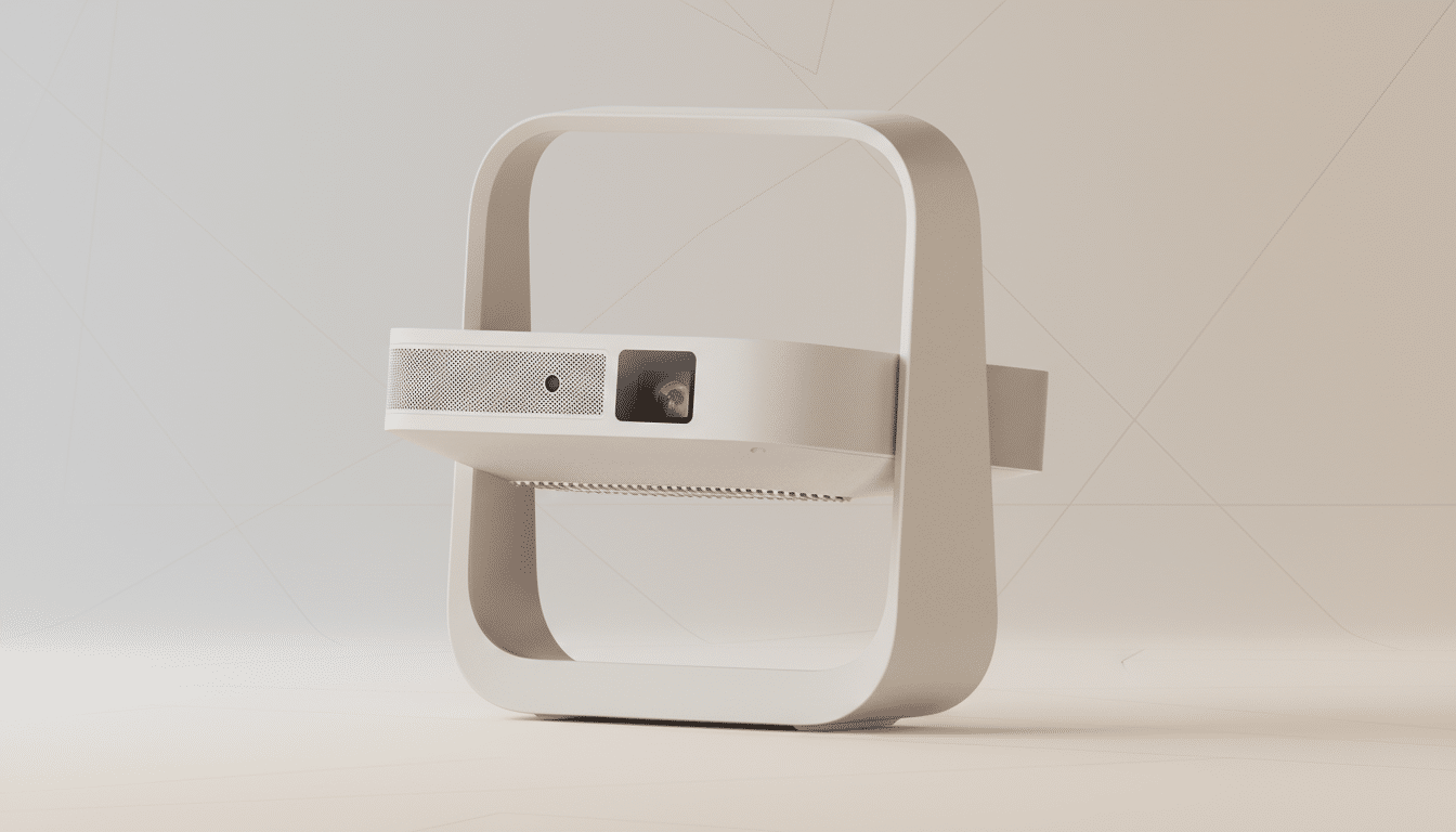 A beige projector with a unique square handle design, set against a professional light gradient background with subtle geometric patterns.