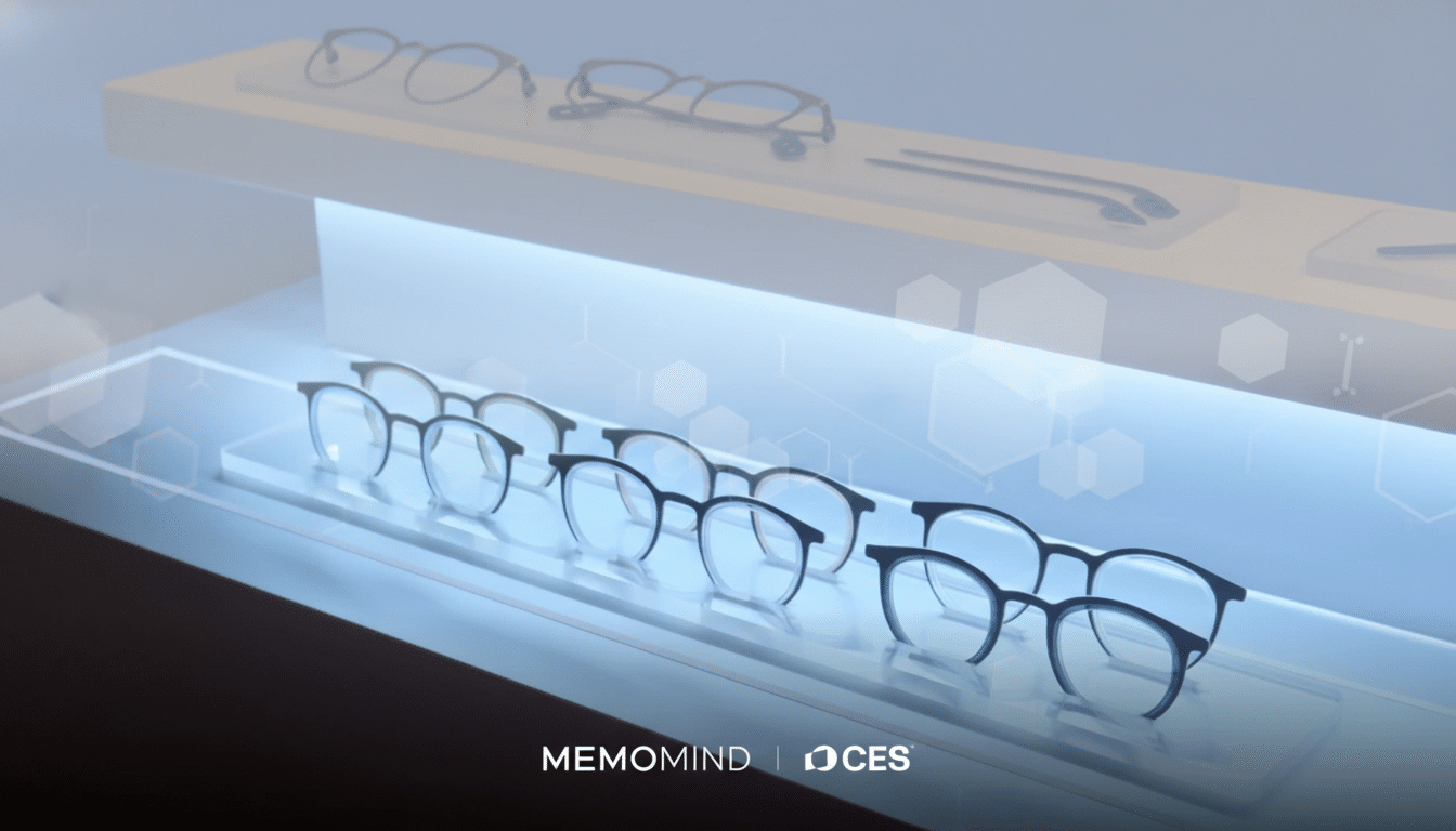 A display of eyeglasses on a shelf with a professional flat design background featuring soft patterns.