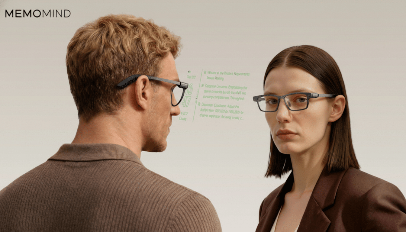 A man and a woman wearing smart glasses, with a holographic display visible to the man.