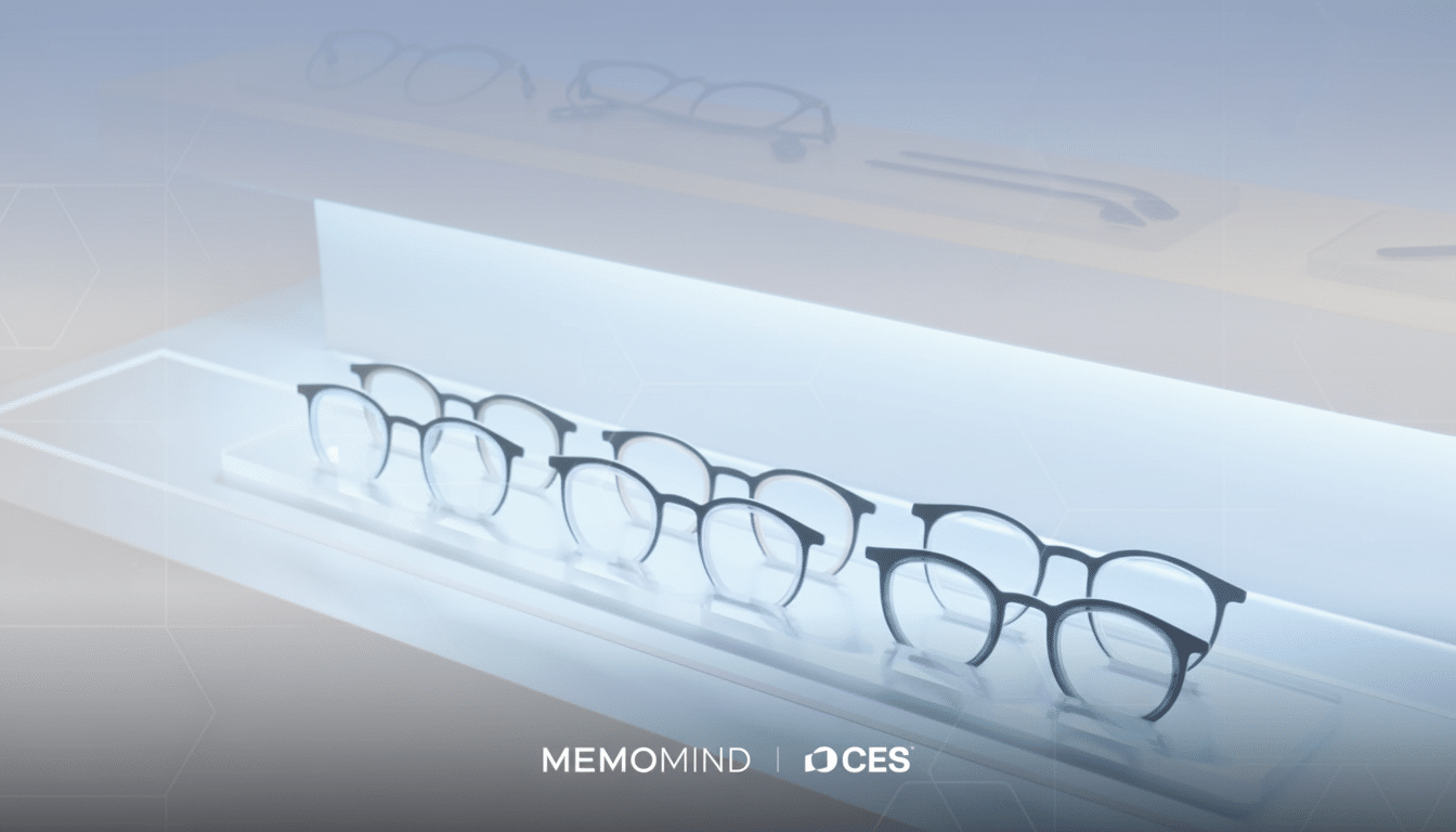 A professional display of eyeglasses on a shelf, with a soft gradient background and the MEMOMIND | CES logo.