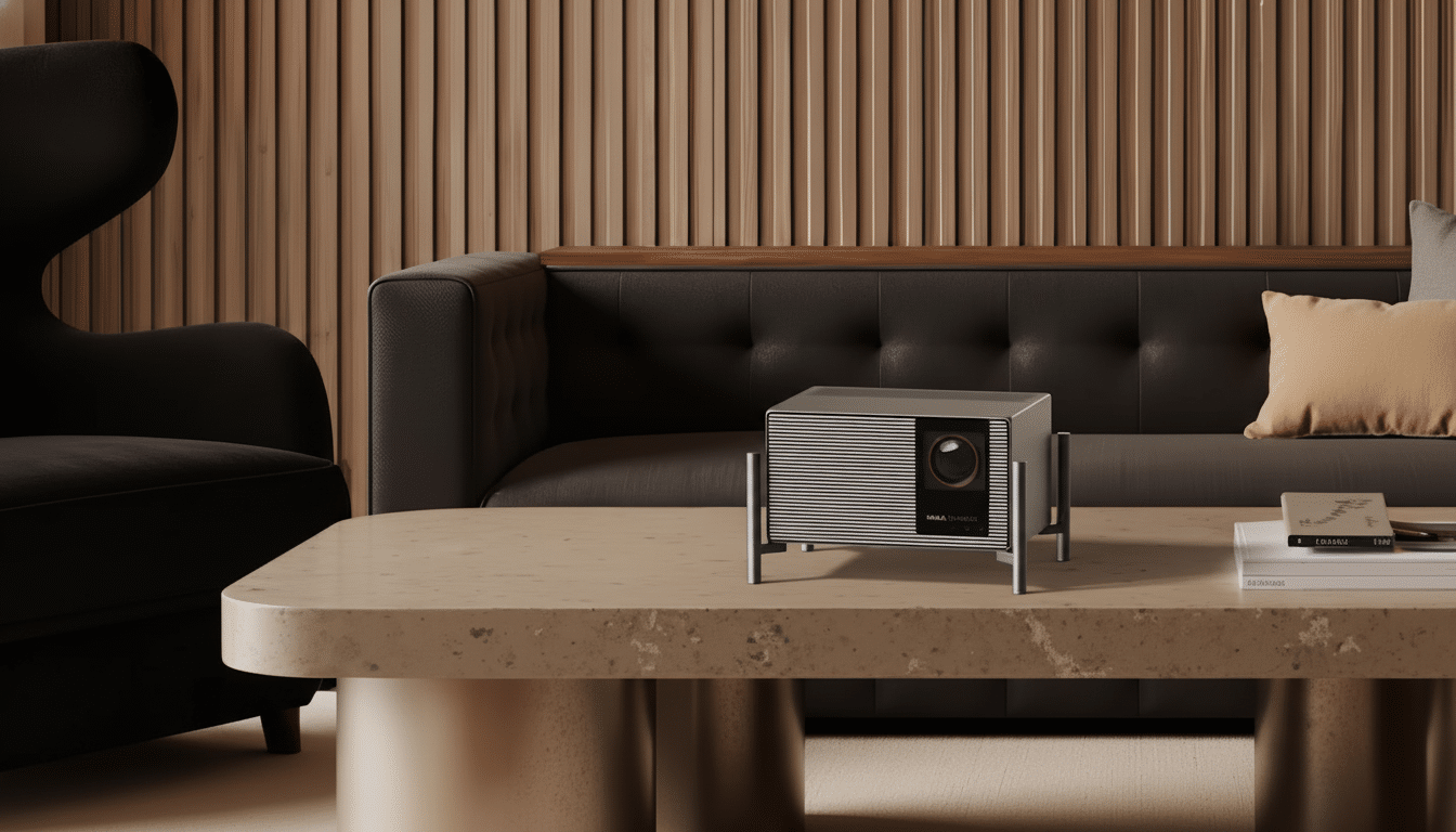 A sleek, modern projector sits on a light-colored coffee table in a professionally styled living room with a dark sofa and a wooden slatted wall.