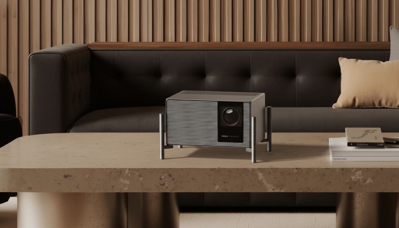 A sleek, modern projector sits on a stone coffee table in a living room with a dark grey sofa and a wooden slatted wall.