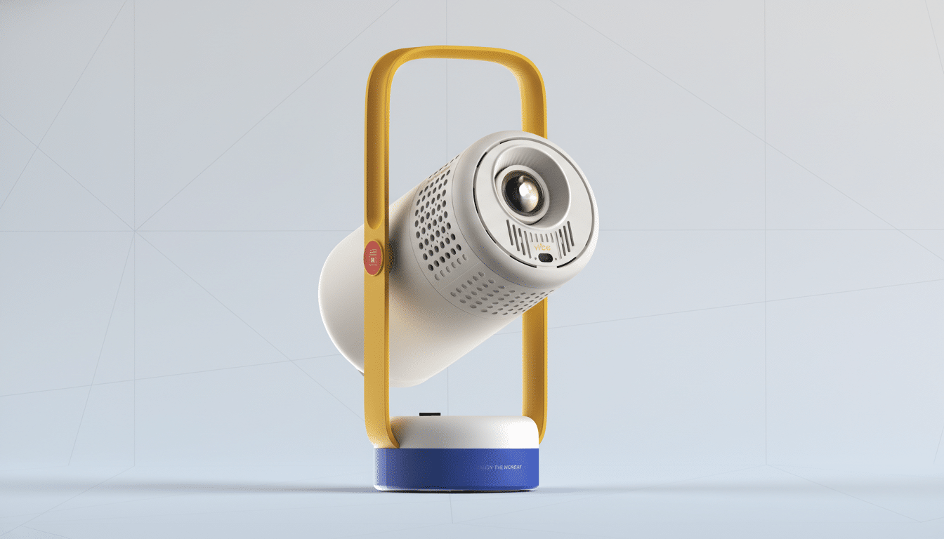 A white and blue portable projector with a yellow handle, set against a professional light gray background with subtle patterns.