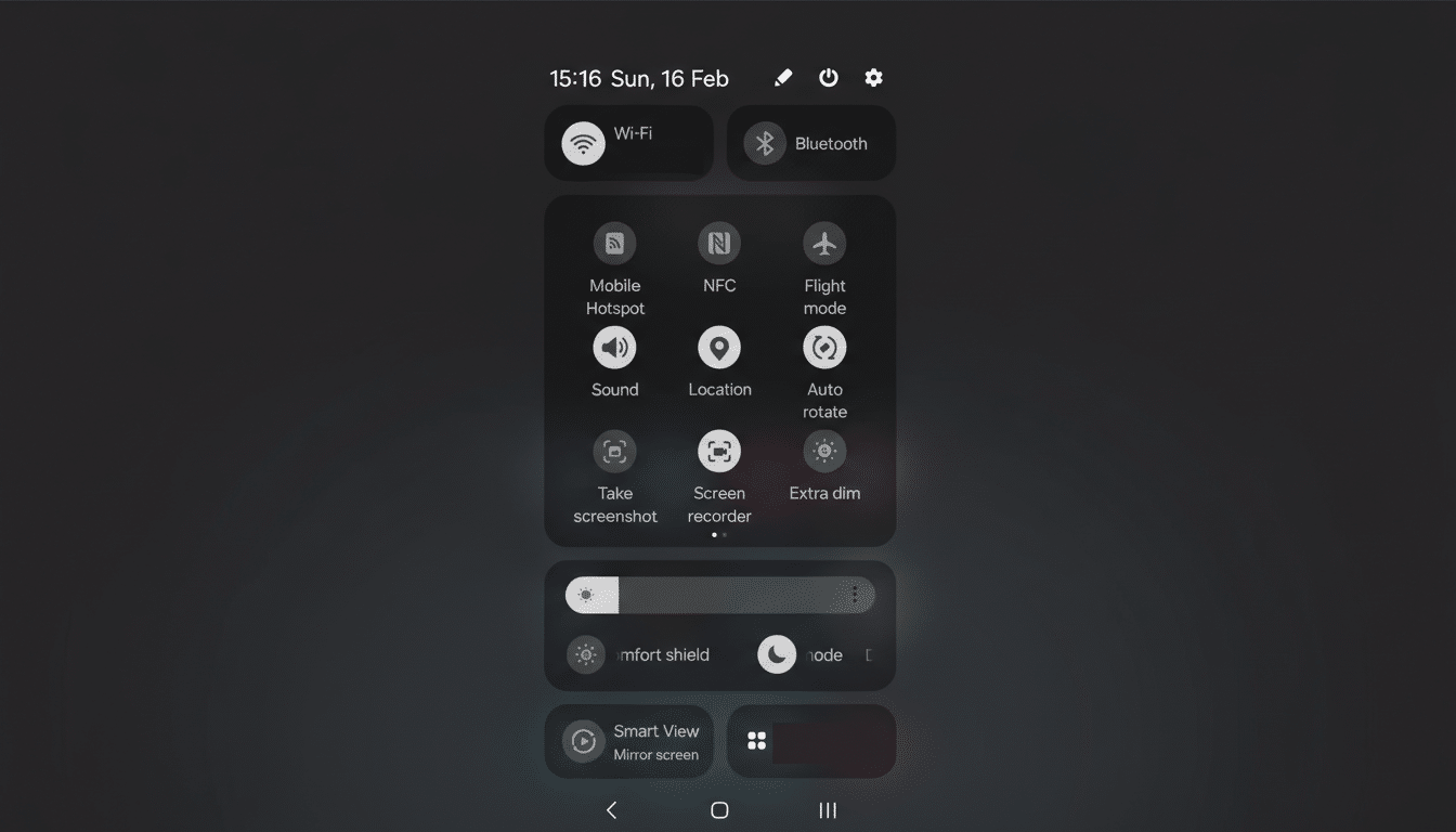 A smartphone screen displaying the quick settings panel with Wi-Fi, Bluetooth, Mobile Hotspot, NFC, Flight mode, Sound, Location, Auto rotate, Take screenshot, Screen recorder, Extra dim, Comfort shield, and Smart View options.
