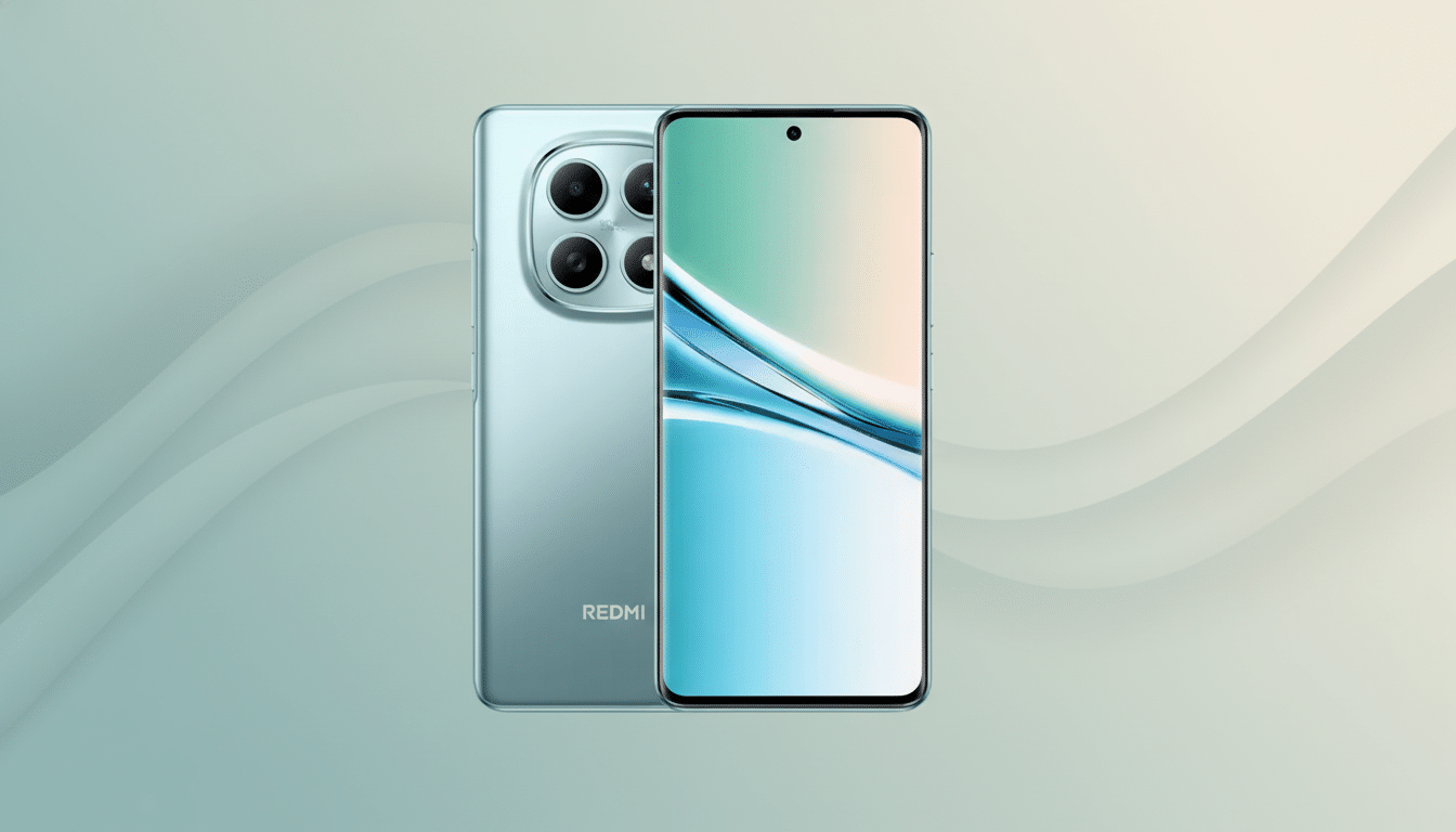 A light blue Redmi smartphone is displayed at a 16:9 aspect ratio, with its front and back visible against a professional flat design background featuring soft, wavy patterns in muted green and beige tones.