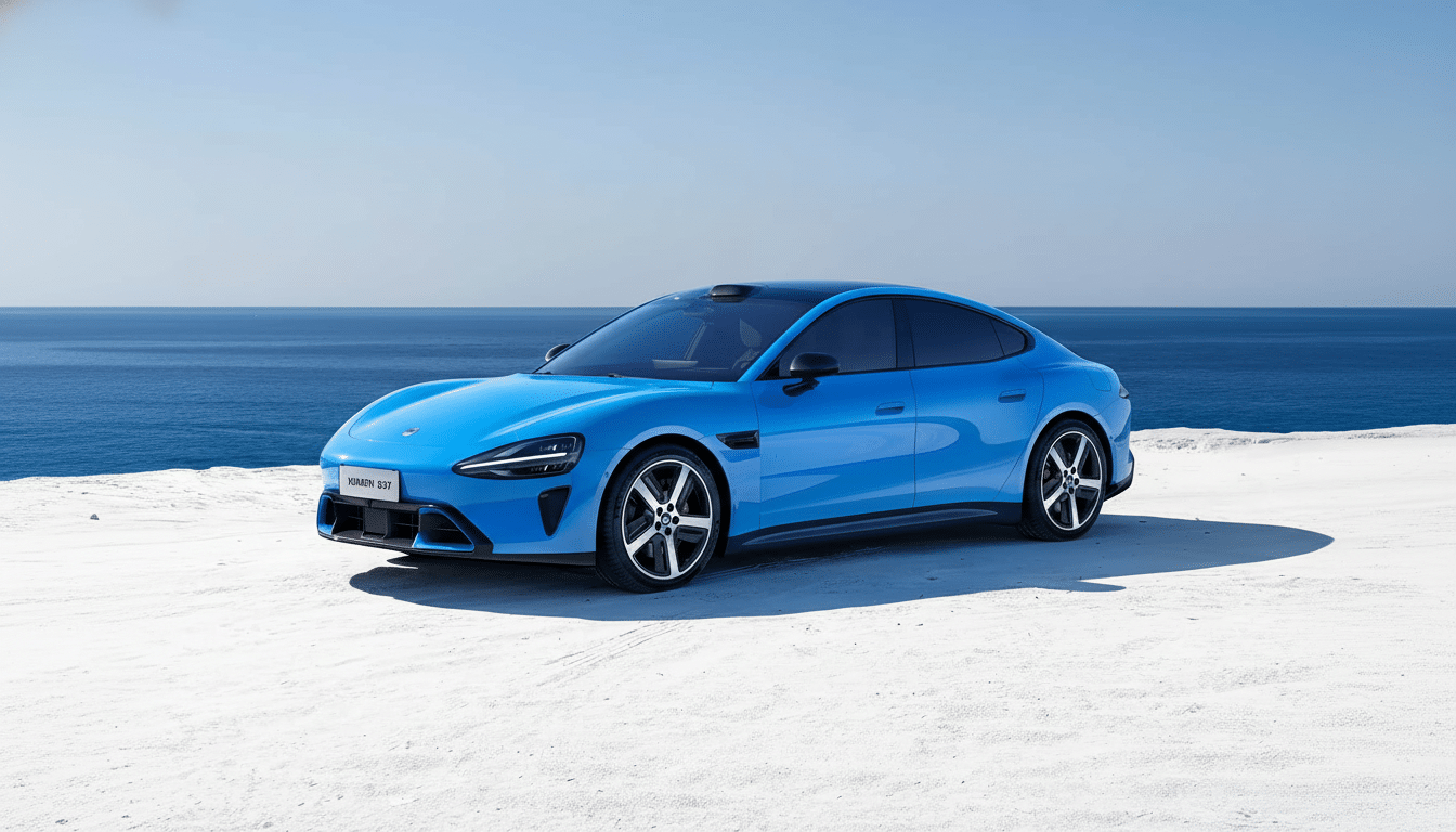 A blue Xiaomi SU7 electric car parked on a white sandy surface with the ocean and a clear sky in the background.