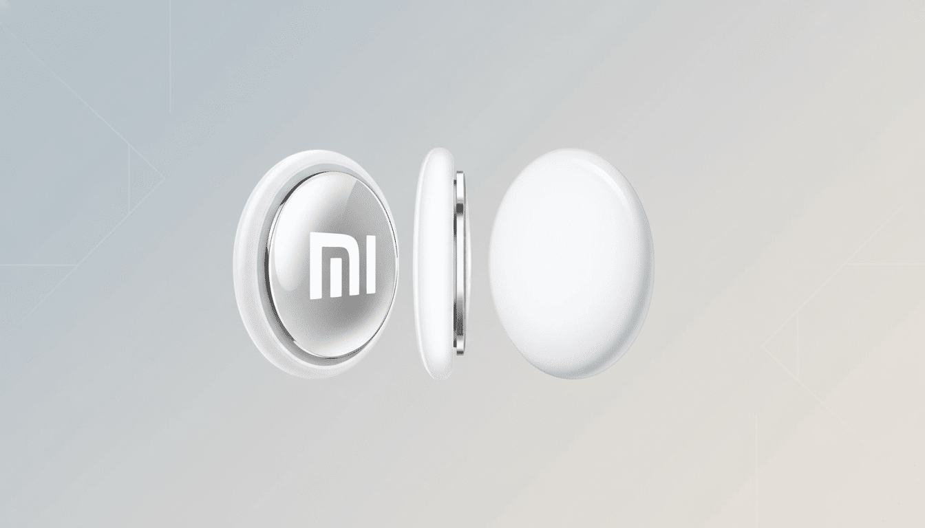A white circular Xiaomi smart tag is shown in three views: front, side, and back, against a professional flat design background with soft gray and white gradients and subtle geometric patterns.