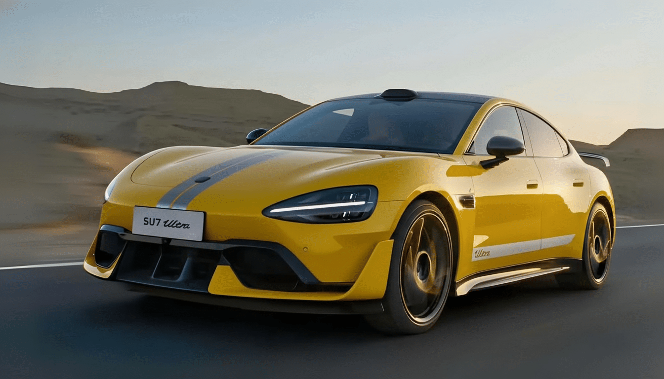 A yellow sports car with black racing stripes on the hood and roof, driving on a road with desert mountains in the background.