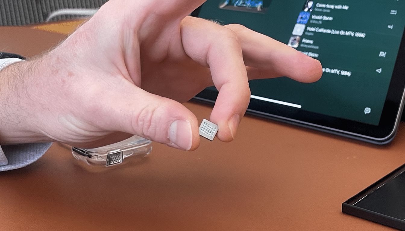 A persons hand holding a small, rectangular microchip between their thumb and forefinger, with a tablet displaying a music playlist in the background.
