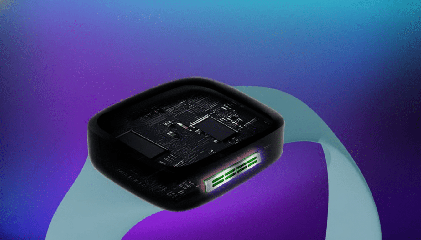 A black square device with visible circuitry and a glowing green indicator, attached to a light blue band, set against a purple and blue gradient background.