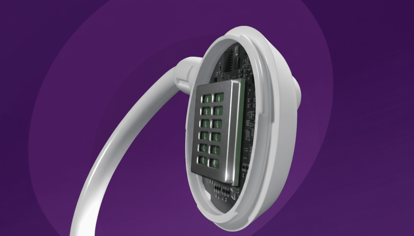 A close-up of a white, curved electronic device with its internal circuitry exposed, set against a solid purple background.