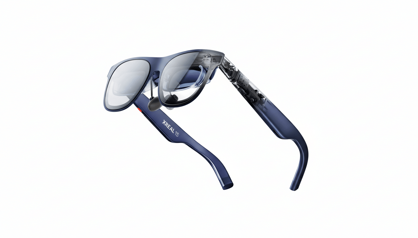 A pair of blue XREAL 1S smart glasses with a partially transparent arm, presented on a clean white background.