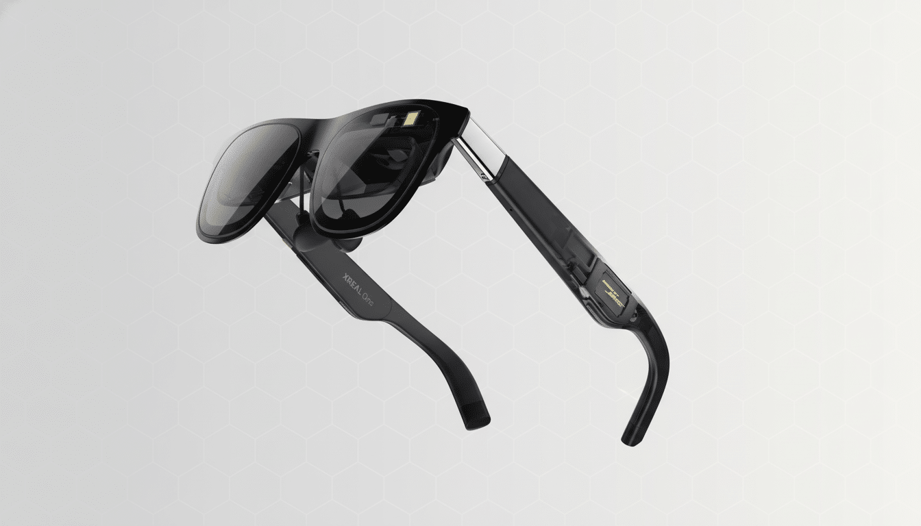 A pair of black XREAL One smart glasses with a subtle geometric pattern background, presented in a 16:9 aspect ratio.