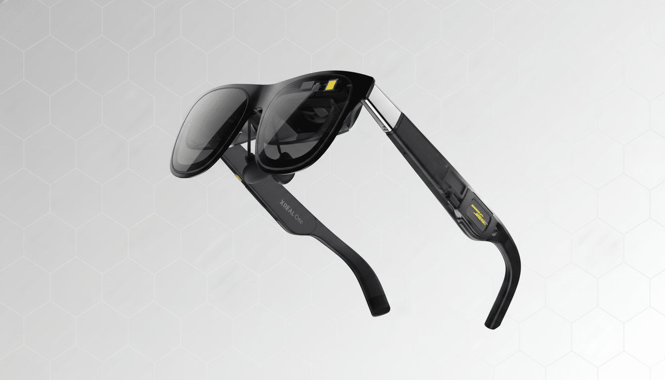 A pair of black XREAL One smart glasses with a subtle patterned background.