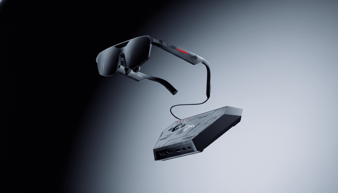 A pair of black smart glasses with a red light on the side, connected by a cable to a gray rectangular device with multiple ports, floating against a gradient background that transitions from dark gray to light gray.
