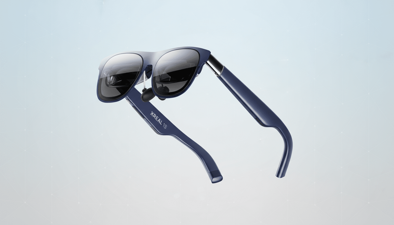 A pair of blue XREAL 1S smart glasses with dark lenses, presented on a professional light blue gradient background with subtle geometric patterns.