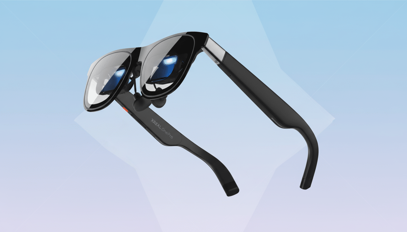 A pair of black XREAL One Pro smart glasses with reflective lenses, presented on a professional light blue and purple gradient background with subtle geometric patterns.
