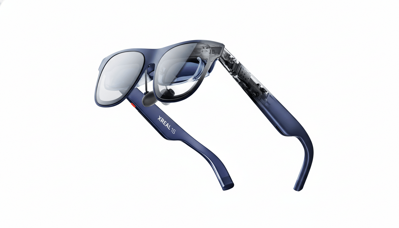 A pair of dark blue XREAL 1S smart glasses with a partially transparent right temple, showcasing internal components, presented on a white background.