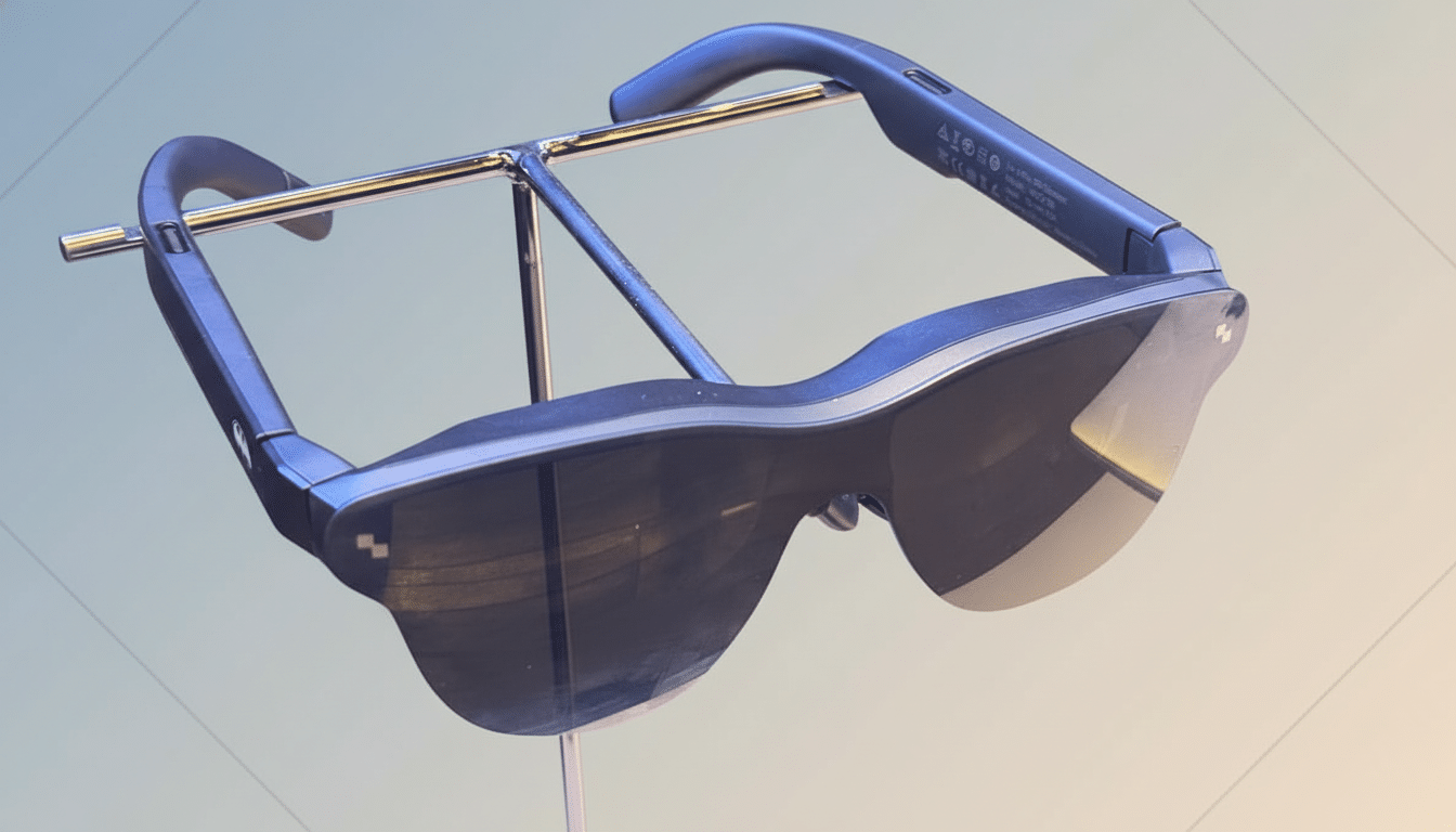 A pair of black smart glasses with dark lenses, displayed on a metallic stand against a soft, gradient background.