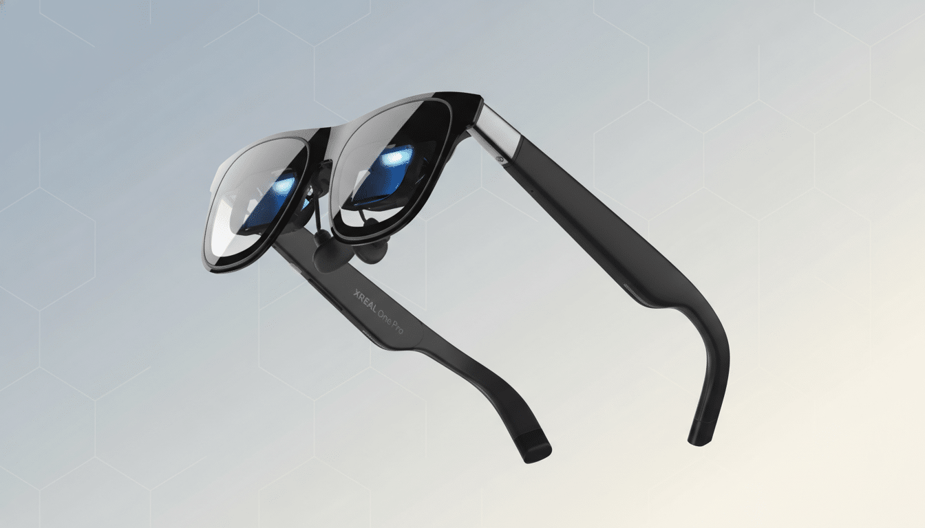 A pair of black XREAL One Pro smart glasses with reflective lenses, presented on a professional flat design background with soft patterns and gradients.