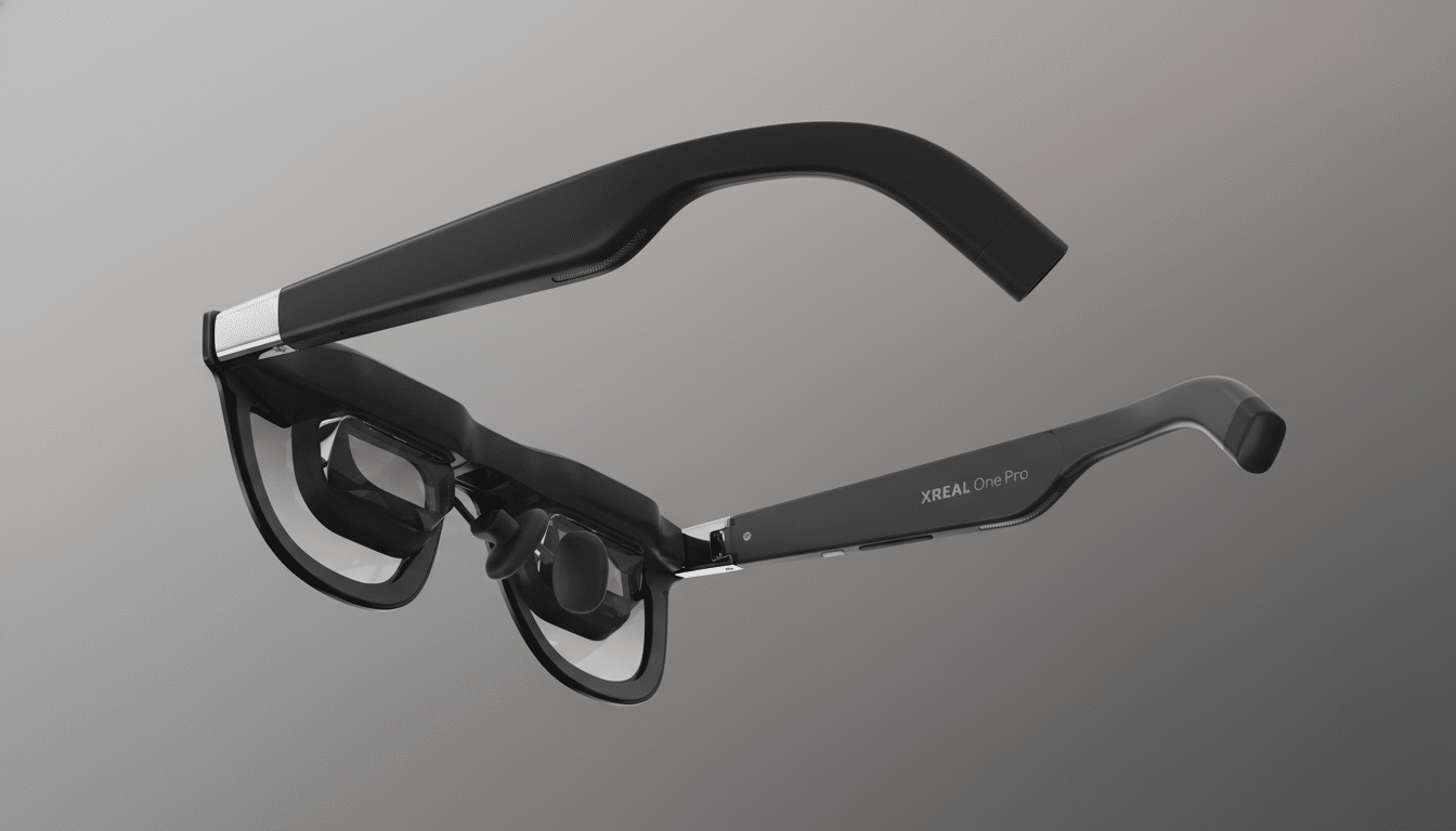 A pair of black XREAL One Pro smart glasses with clear lenses, shown at an angle against a professional gray gradient background.