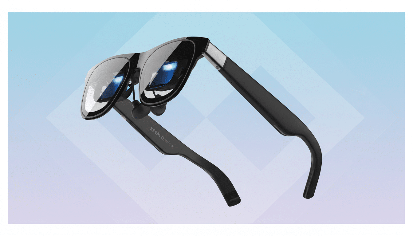 A pair of black XREAL One Pro smart glasses with reflective lenses, presented on a professional flat design background with soft blue and purple gradients and subtle geometric patterns.