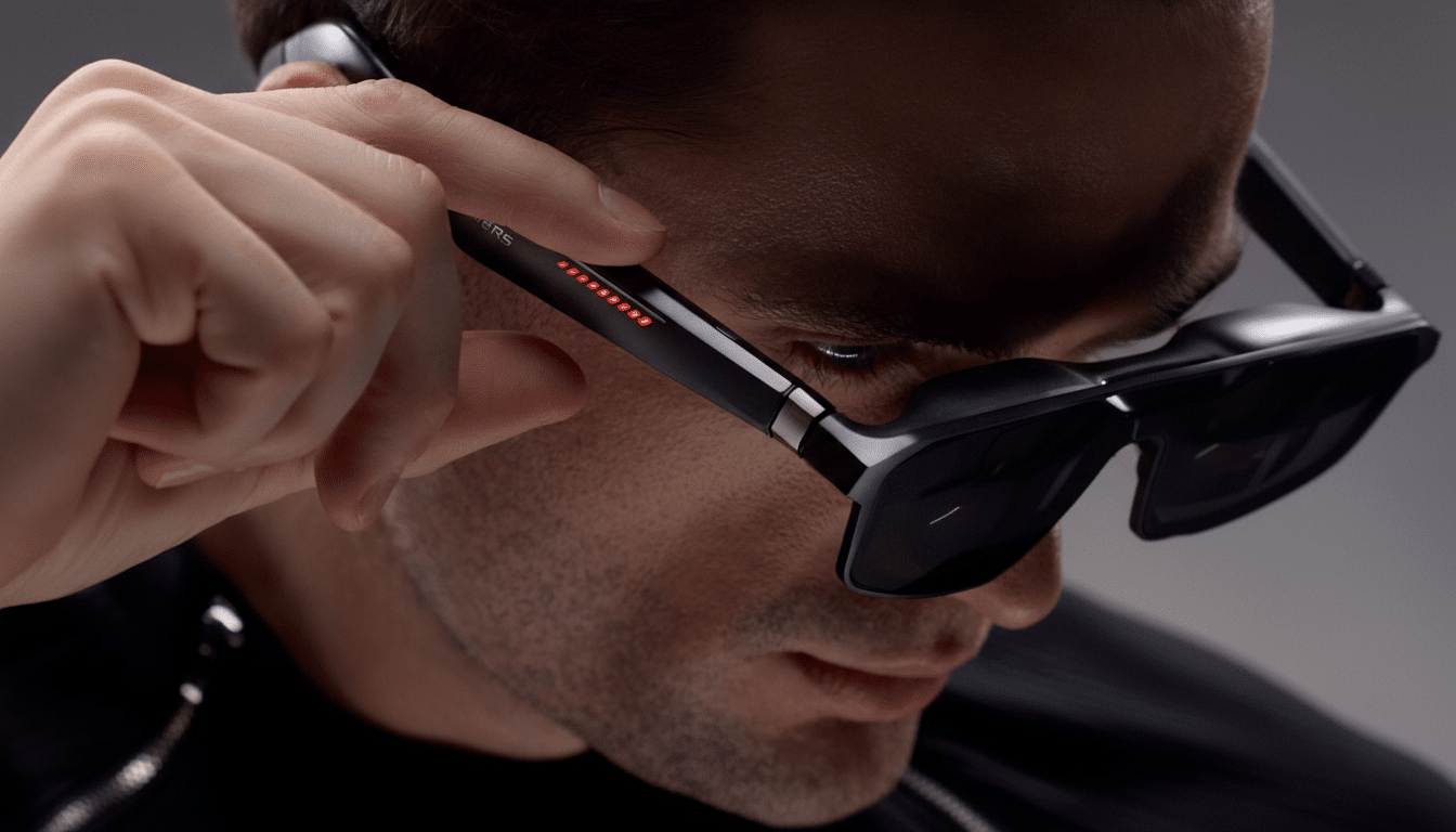A man adjusting a pair of sleek, black smart glasses with red indicator lights on the temple, set against a neutral background.