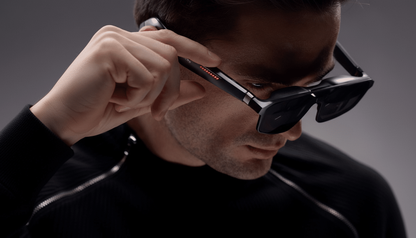 A man adjusting a pair of smart glasses with red indicator lights on the temple.