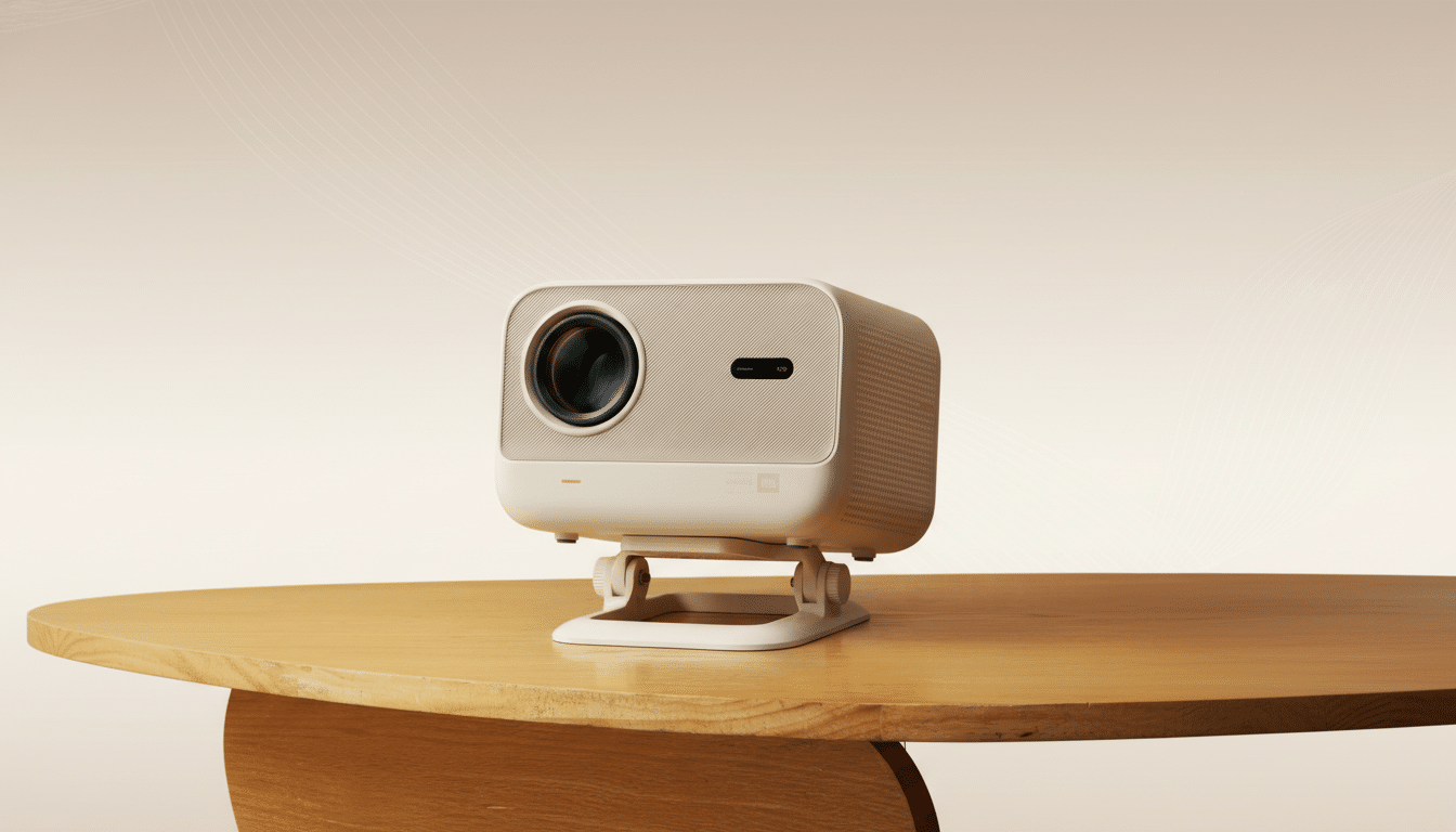A white and beige projector sits on a light wooden table, with a soft, light background featuring subtle gradient patterns.