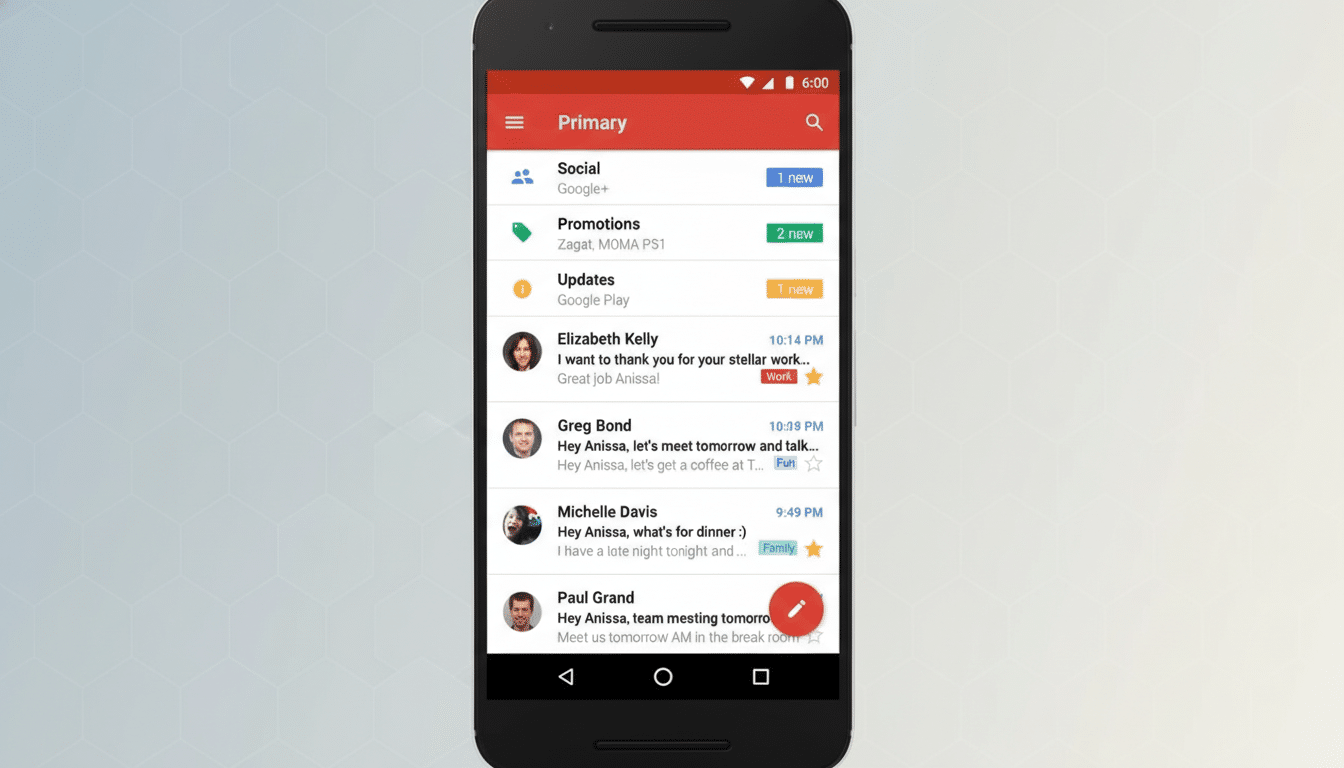 A smartphone displaying the Gmail apps primary inbox, with a professional flat design background featuring soft patterns.