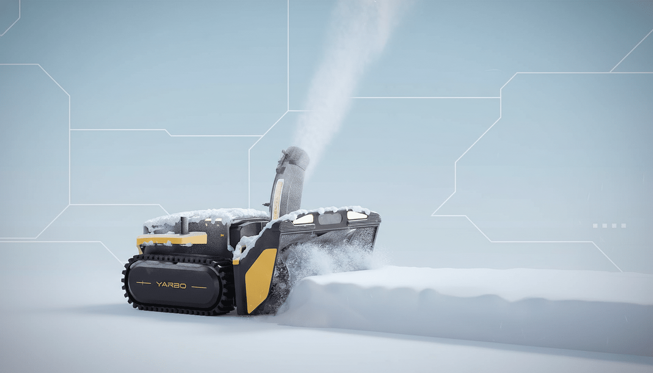 A Yarbo snow blower clearing snow with a professional flat design background.