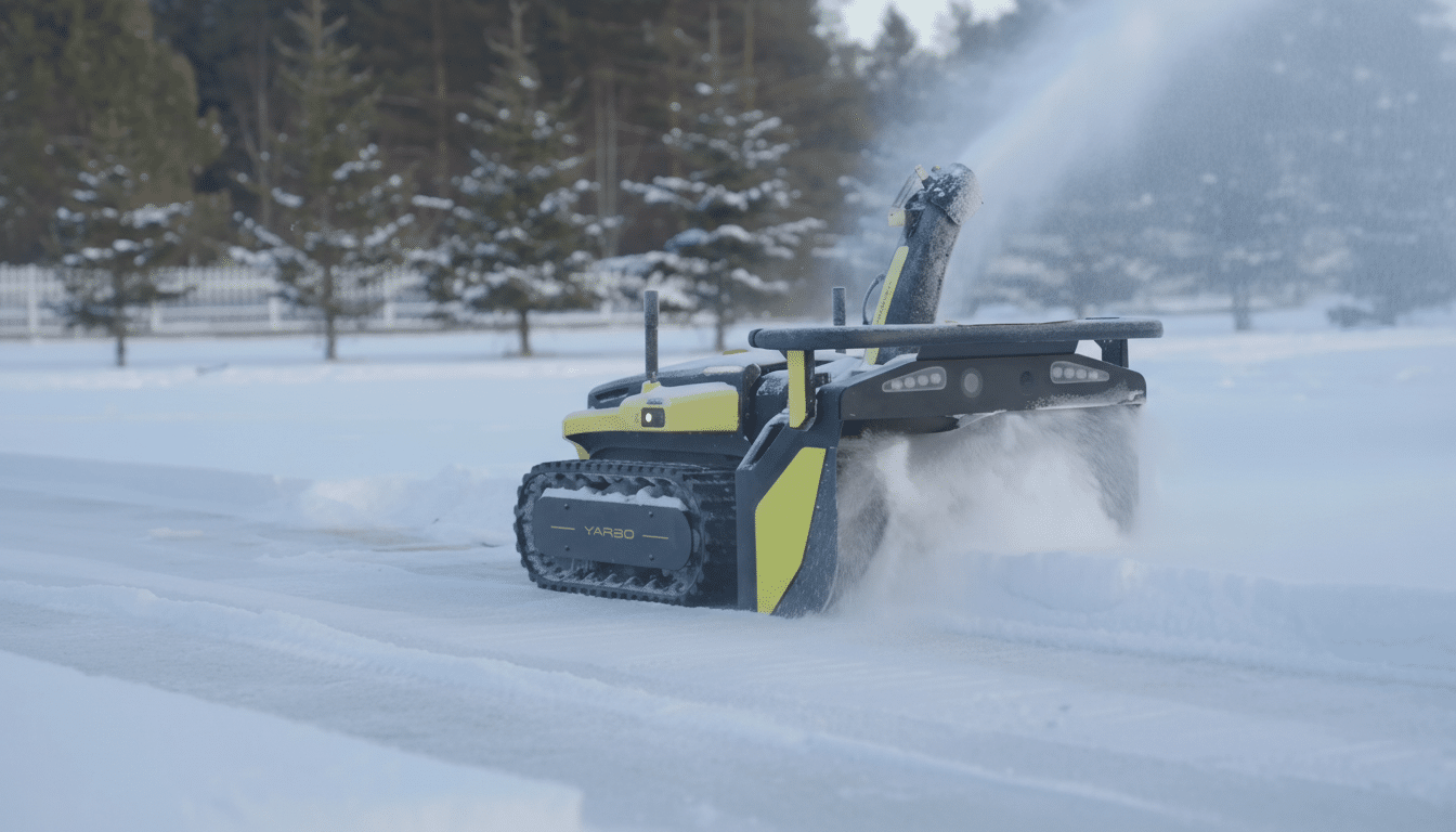 A robotic snow blower with yellow and black accents clears snow from a path in a snowy, outdoor setting with pine trees in the background.