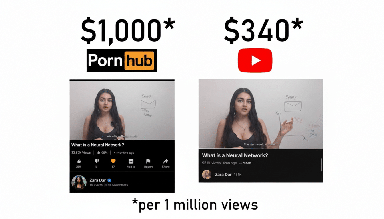 A comparison image showing two video thumbnails side-by-side. The left thumbnail is from Pornhub, titled What is a Neural Network?, with 32.8K views. The right thumbnail is from YouTube, also titled What is a Neural Network?, with 981K views. Above the Pornhub thumbnail, it says $1,000, and above the YouTube thumbnail, it says $340. Below both, it reads per 1 million views. The image has been resized to a 16:9 aspect ratio.