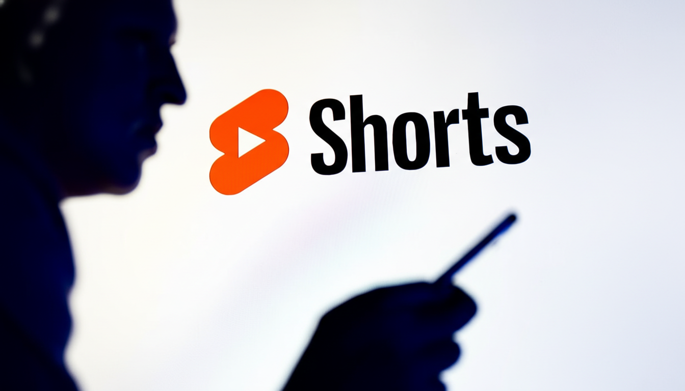 A persons silhouette is visible on the left and bottom right, with the YouTube Shorts logo and text Shorts displayed prominently in the center on a white background.