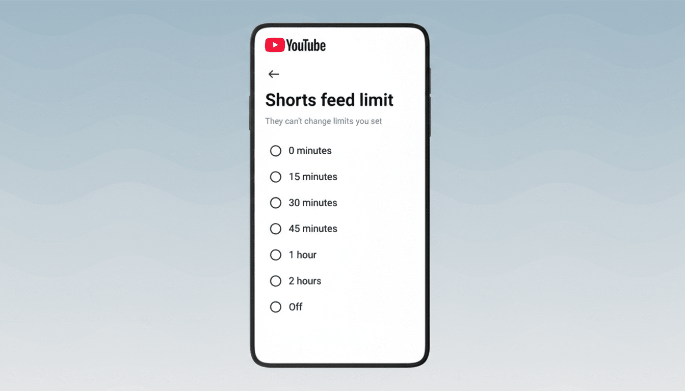 A smartphone displaying the YouTube Shorts feed limit settings, offering various time limits from 0 minutes to 2 hours, or off, against a professional flat design background with soft patterns.