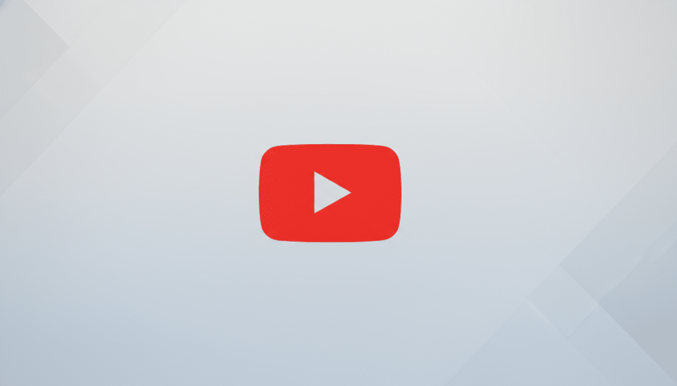 The YouTube play button logo, a red rectangle with rounded corners and a white triangle pointing right, centered on a professional flat design background with soft gray patterns.
