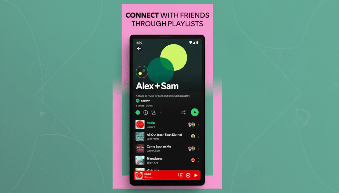 A smartphone displaying a Spotify playlist titled Alex + Sam with a pink and green background, resized to a 16:9 aspect ratio.
