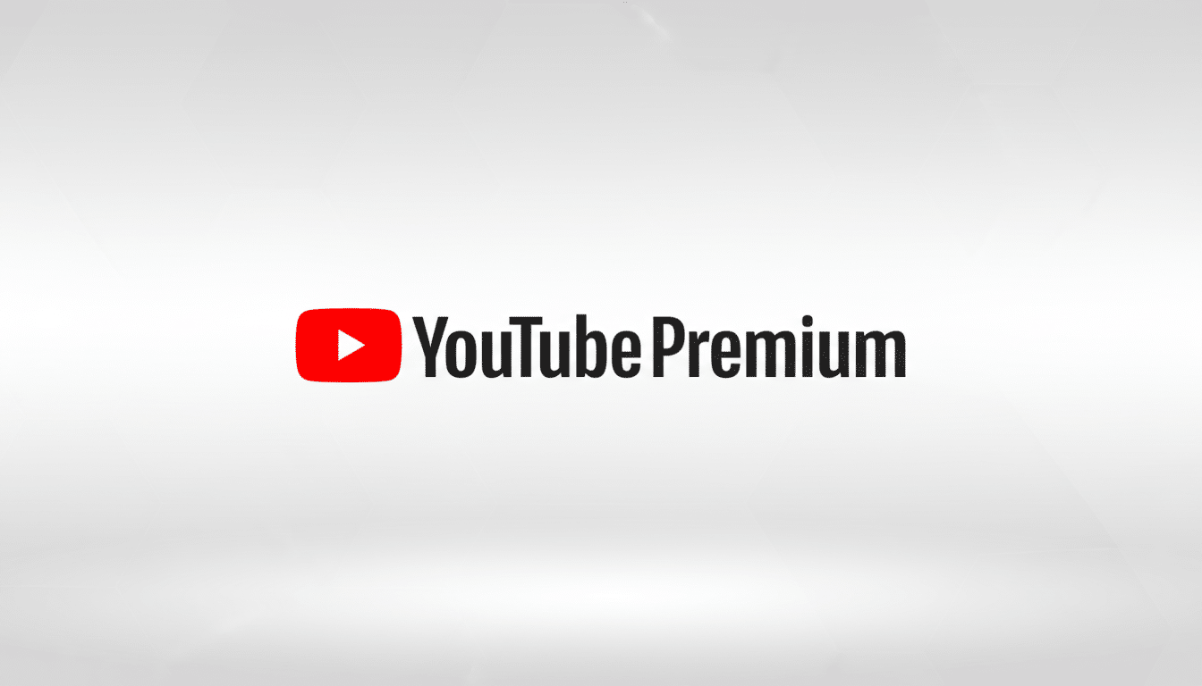 The YouTube Premium logo, featuring the red play button icon and YouTube Premium text, centered on a professional flat design background with soft gray gradients.