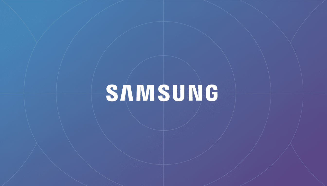 The Samsung logo in white text centered on a professional 16:9 aspect ratio background with a blue and purple gradient and subtle concentric circle patterns.