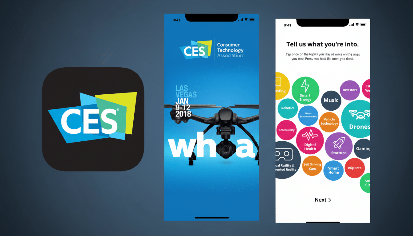A 16:9 aspect ratio image featuring three mobile app screens. The first screen shows the CES logo on a dark background. The second screen displays a drone with CES Consumer Technology Association and Las Vegas Jan 9-12 2018 text. The third screen shows a Tell us what youre into interface with various technology-related topics.