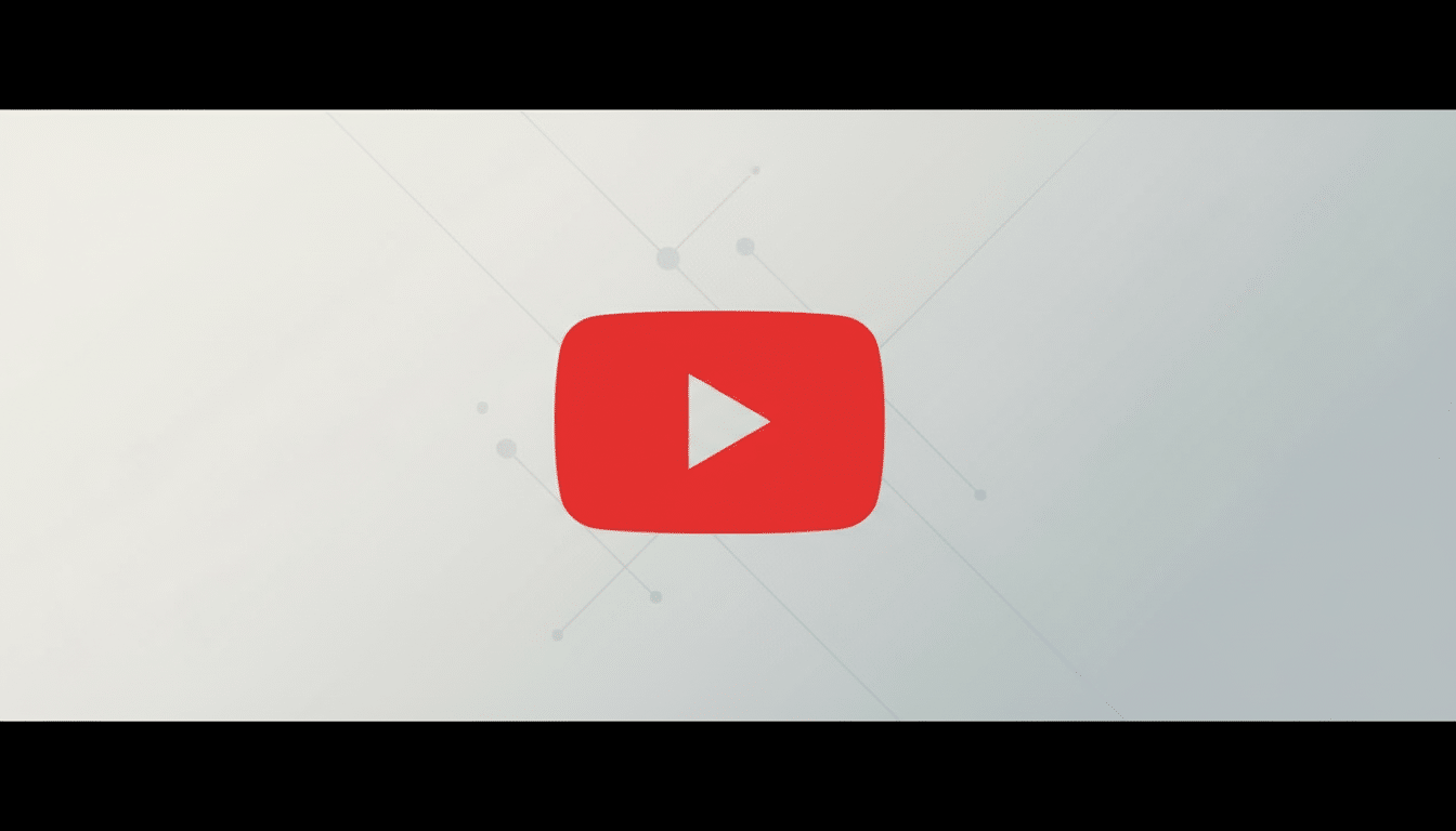 The YouTube logo, a red rectangle with a white play button, centered on a professional flat design background with soft gray gradients and subtle geometric patterns.