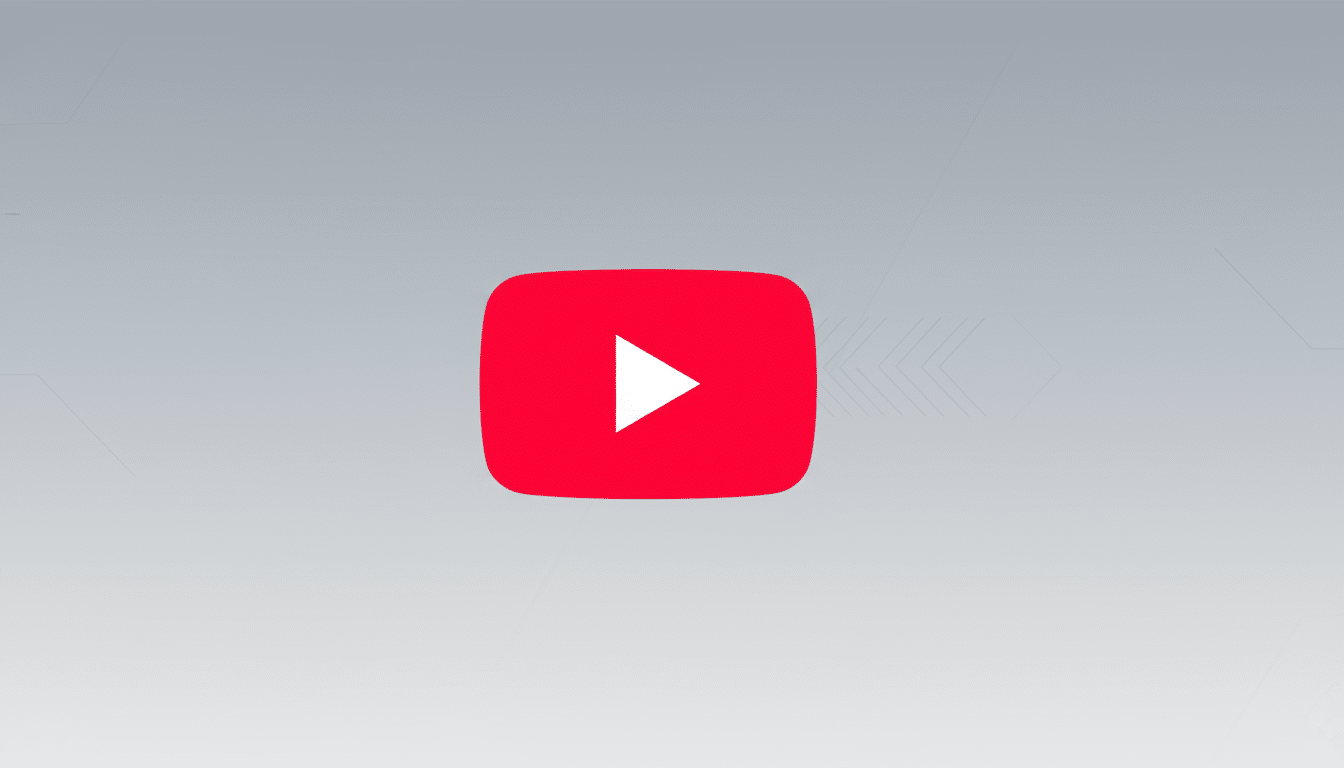 The YouTube logo, a red rounded rectangle with a white play icon in the center, set against a professional flat design background with soft gray gradients and subtle geometric patterns.